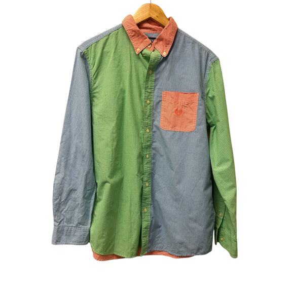 Chaps Ralph Lauren Patchwork Shirt M Button Down Blue Red Green Easy Care Preppy - Picture 1 of 8